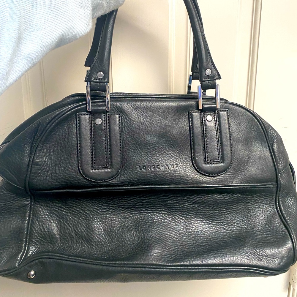 Longchamp Cosmos Satchel Black Handbag Medium Shoulder Top Handle Tote Bag Purse